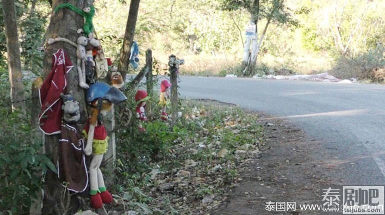 泰国猜纳府弯道旁挂满布偶